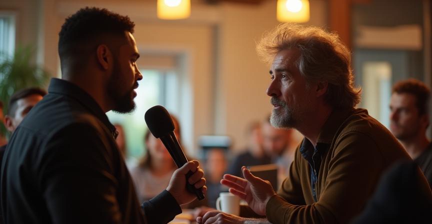 Local reporter interviewing a community member